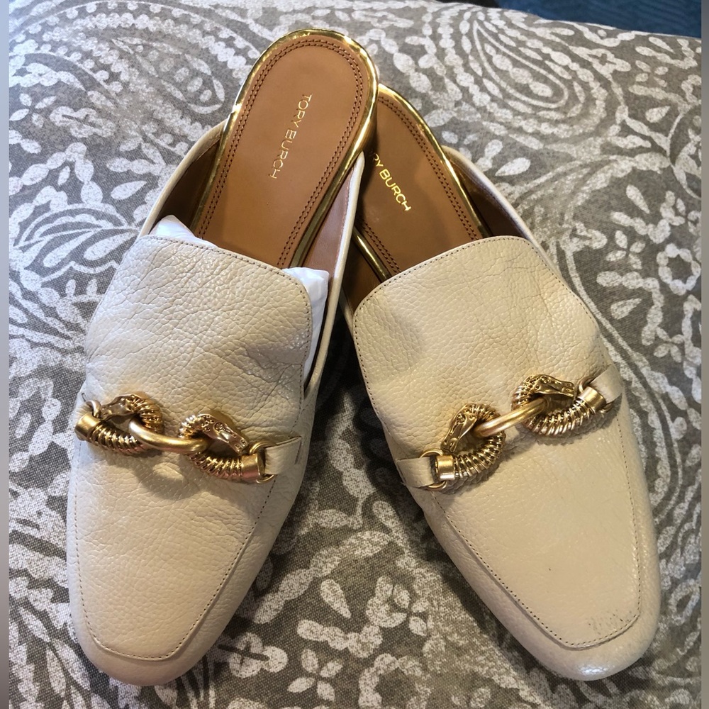 Tory Burch Cream Leather Chain-Detail Slide Mules